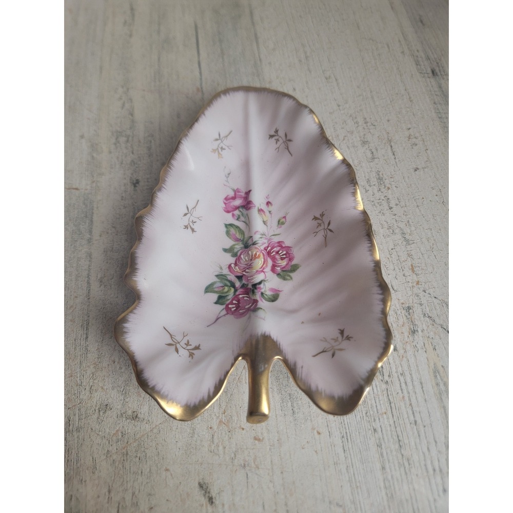 Lefton vintage pink shaped leaf trinket tray rose flower home decor figure
